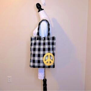 Black & White Plaid BoHo Shoulder Book Bag w/Yellow Peace Sign Includes Pouch